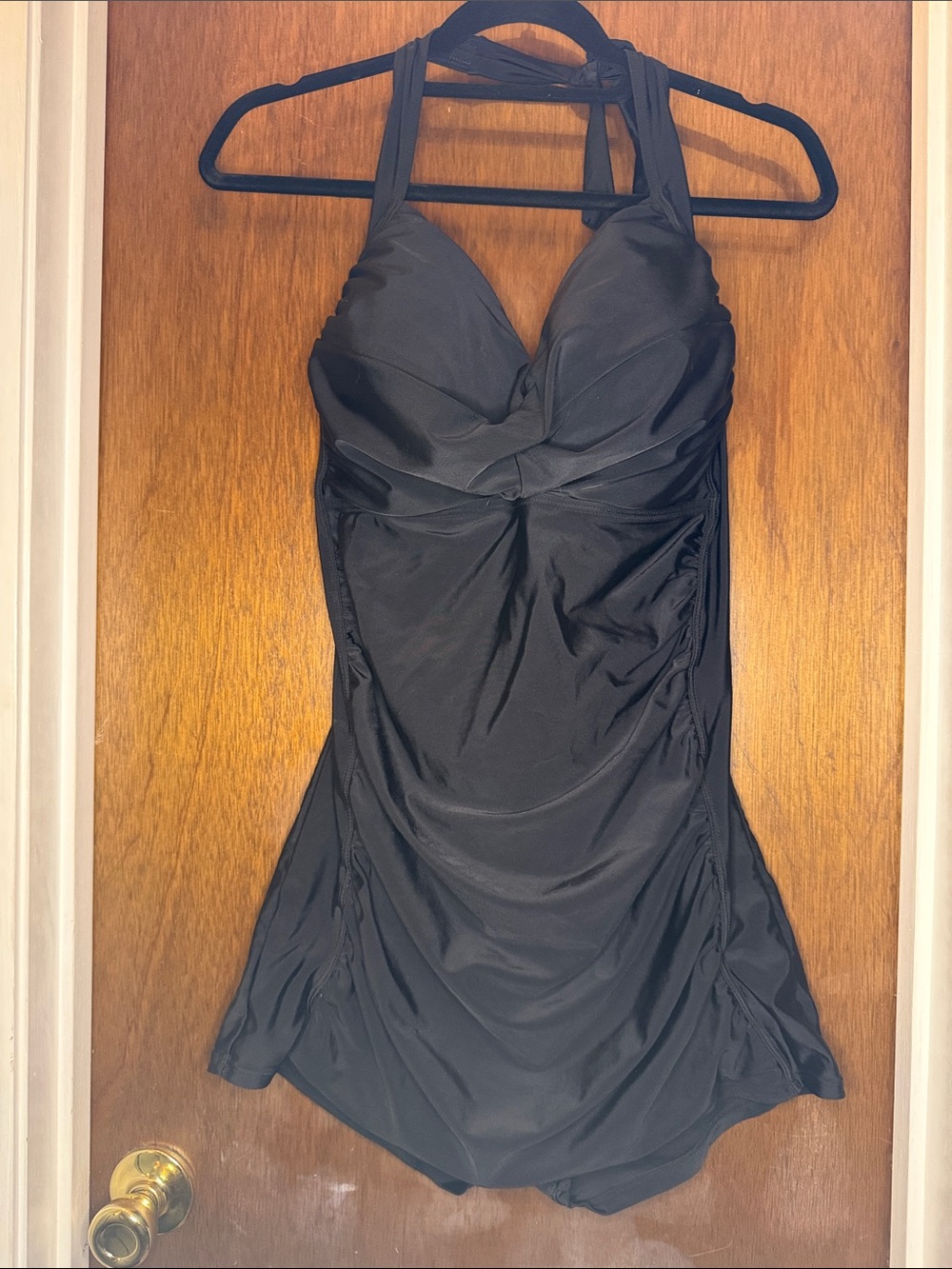 Black Halter One-Piece Swim Dress with Ruched Sides